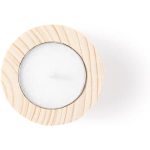 An aromatic candle with a white wax interior, encased in a natural wood holder.