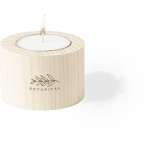 A cylindrical, wooden candle holder featuring a white candle inside, adorned with a botanical design.