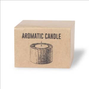 Aromatic candle in a rustic cardboard box, featuring a simple illustration of the candle on the front.