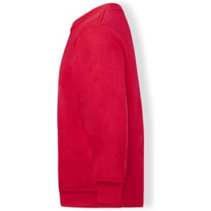 A red classic set-in sweatshirt for kids, featuring long sleeves and a logo on the front.