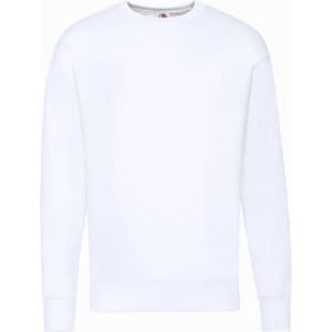 A white kids' sweatshirt with a classic set-in style, featuring long sleeves and a logo.