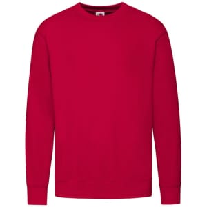 A red kids' sweatshirt featuring a crew neck and long sleeves, with a logo on the front.