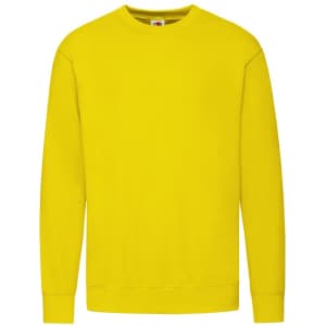 A bright yellow kids' sweatshirt with a crew neck and long sleeves, featuring a logo on the inside.