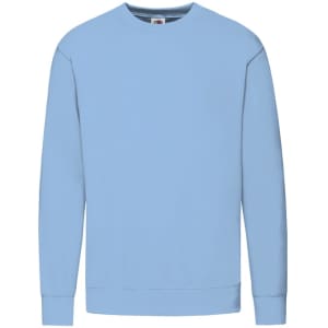 A light blue kids sweatshirt featuring long sleeves and a crew neck, with a logo on the label.