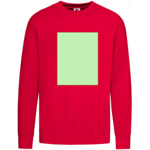 A red kids' sweatshirt featuring a blank green rectangular area and has a logo.