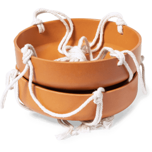 A terracotta bird feeder with white rope handles, featuring two stacked round bowls.