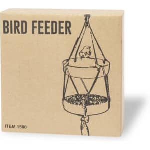 A bird feeder in a brown cardboard box, featuring a minimalist design and an illustration of a bird.