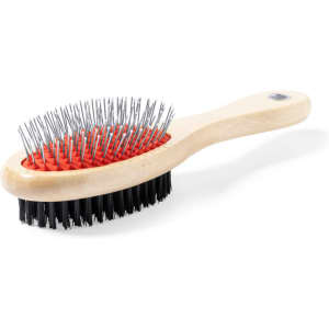 A pet brush with a wooden handle, featuring red rubber bristles and black nylon bristles for grooming.
