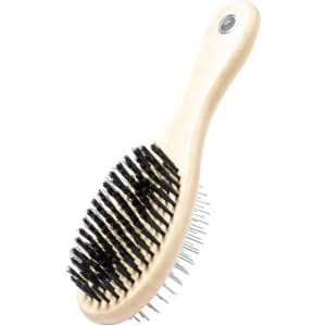 A pet brush with a wooden handle, featuring black bristles and metal pins for grooming. It has a small logo on the handle.