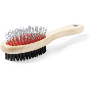 A pet brush with a wooden handle, featuring metal bristles on one side and soft bristles on the other.