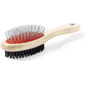A pet brush with a wooden handle, featuring red rubber cushioning and metal bristles, alongside soft black bristles.