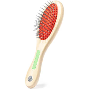 A pet brush featuring a wooden handle, red rubber base, and metal bristles for grooming. It includes a logo on the handle.
