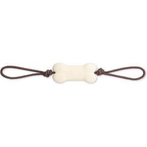 A bone-shaped dog chew toy in cream colour with brown handles on each end.
