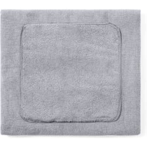 A grey pet towel featuring a textured area, designed for drying pets. It includes a logo.