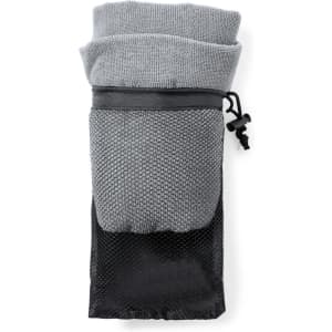 A grey Yelyn Pet Towel with a black mesh pocket at the bottom and a drawstring closure at the top.