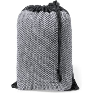 A grey mesh pet towel in a drawstring bag, designed for easy storage and portability. Features a branded logo.