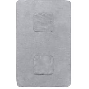 A grey pet towel featuring two textured patches, designed for easy cleaning and comfort. It has a logo on the corner.