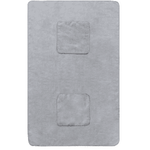 A grey pet towel with two distinct patches, featuring a soft texture and bordered edges. It has a logo present.
