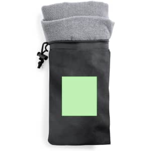 A black pet towel with a grey top section and a blank green square logo area. Features a drawstring closure.
