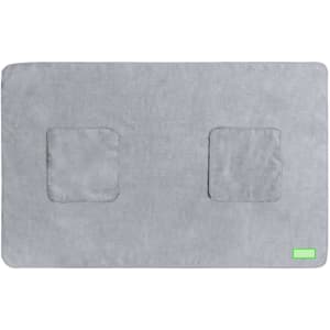 A grey pet towel with two corner pockets and a small logo on one side, designed for pet accessories.