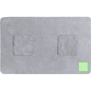 A grey pet towel with two square patches and a branded logo in one corner. Perfect for pet-related use.