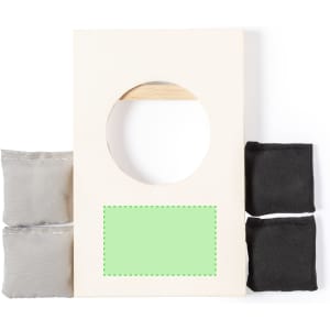 A wooden game board with a circular hole, accompanied by two grey and two black bean bags. It features a branding logo.