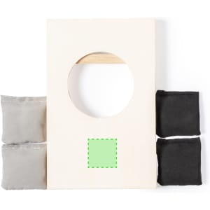 A wooden frame with a circular hole and four bean bags in grey and black. The frame has a logo on it.