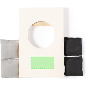 A Tumble Game set featuring a wooden frame with a circular hole, accompanied by black and grey bean bags.