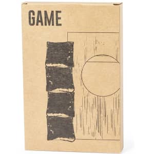 A brown cardboard box with a black graphic design featuring a circle and stacked squares, branded with a logo.