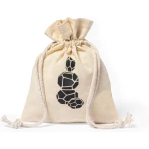 A beige fabric drawstring bag featuring a geometric black design. It has a rope closure for secure storage.