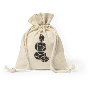 A natural canvas drawstring bag with a black graphic design. It features a logo on the front.