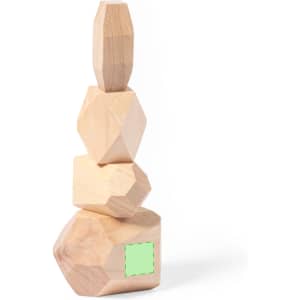 A stack of four wooden geometric shapes in natural wood colour, with one shape featuring a subtle green square.