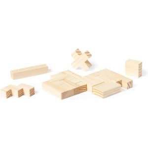 A collection of wooden blocks in various shapes and sizes, featuring a light natural wood colour.