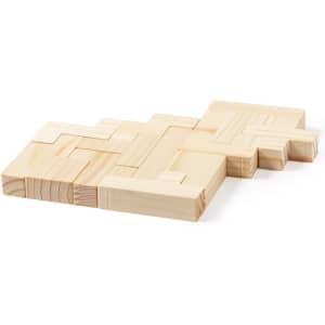 A wooden puzzle with various interlocking pieces in light natural wood tones. It has a simple, geometric design.