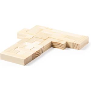 A wooden puzzle featuring interlocking pieces in a light natural wood colour, formed into a unique shape.