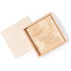 A wooden puzzle set featuring various geometric shapes neatly arranged in a square box with a removable lid.