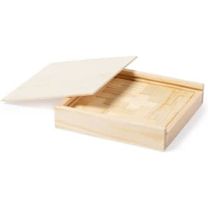 A wooden puzzle game in a box with an open lid, showcasing a variety of interlocking wooden pieces.
