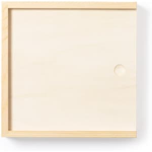 A wooden game board with a natural finish, featuring a circular hole on one side and a simple, square design.