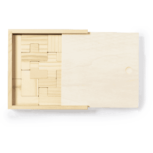 A wooden box containing various shaped wooden blocks, with one side open revealing the pieces inside.