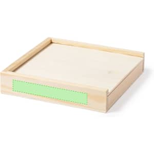 A wooden game board with a light natural finish and a green label space. The design is simple and square-shaped.