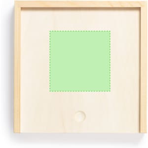 A wooden box with a square green cutout in the centre and a circular hole at the bottom. It features a simple design.