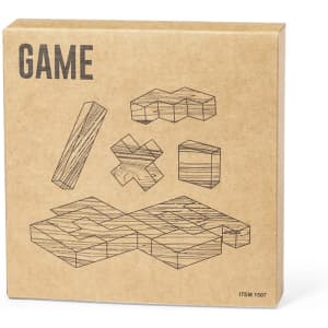 A brown cardboard box featuring wooden puzzle pieces in various shapes, including a cross and rectangular blocks.