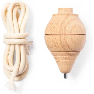 A wooden spinning top in natural wood finish, alongside a white string for use. Includes a simple design with grooves.