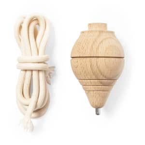 A wooden spinning top in a natural finish with a white cord. Includes a complete set for play.