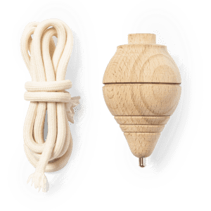 A wooden spinning top in natural colour, accompanied by a white string. It has a simplistic design and a branded logo.