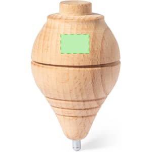 A wooden spinning top with a natural finish, featuring a smooth, rounded shape and a small branding area.