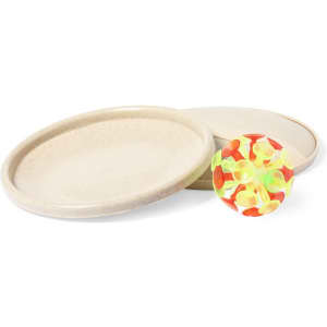 Two beige frisbees with a colourful ball featuring a pattern of green and orange circles. Both products are made from eco-friendly materials.