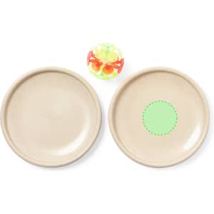 Two beige plates with a green dot on one, and a colourful ball positioned in between them.