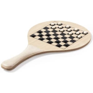 A wooden beach racket with a chessboard design, featuring black and white playing pieces.