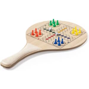 A wooden beach racket featuring a flat paddle design with various coloured playing pieces in red, yellow, green, and blue.